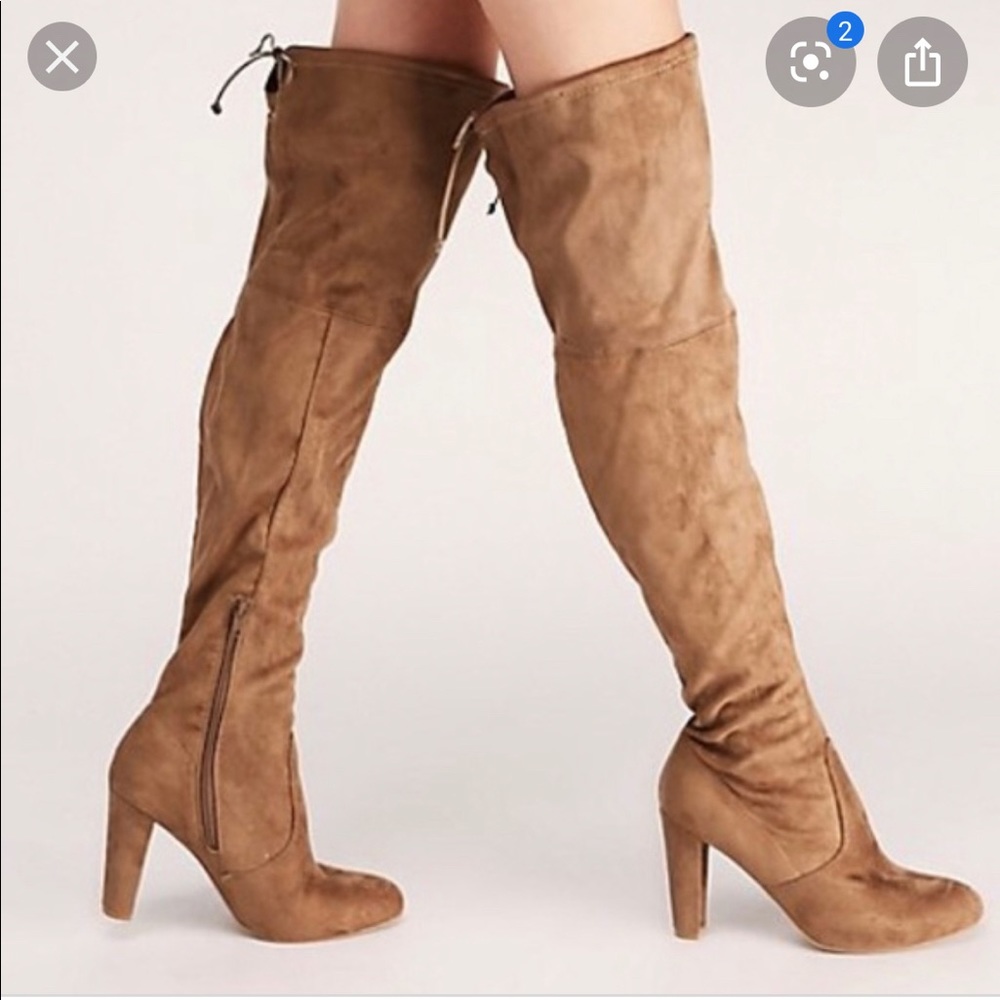 Tan Over Knee Chunky Heel Boots